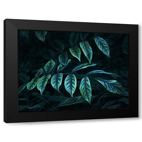 Teal Blue Leaves Black Modern Wood Framed Art Print by Villa, Milli
