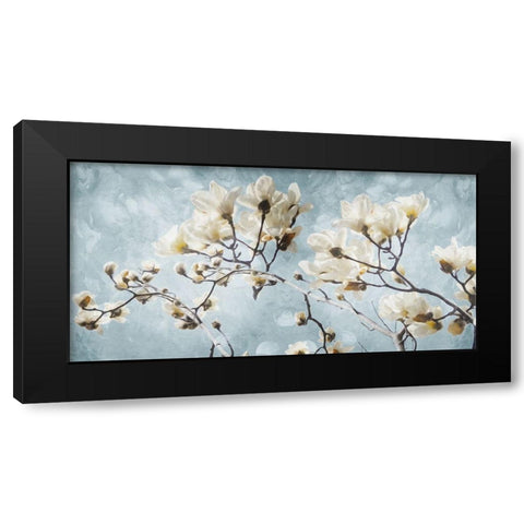 White Flowers In Blue Black Modern Wood Framed Art Print by Villa, Mlli