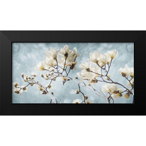 White Flowers In Blue Black Modern Wood Framed Art Print by Villa, Mlli