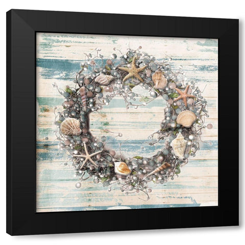 Wreath Blues Coastal Black Modern Wood Framed Art Print with Double Matting by Villa, Mlli
