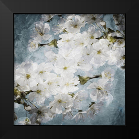 White Flowers With Blue Black Modern Wood Framed Art Print by Villa, Mlli