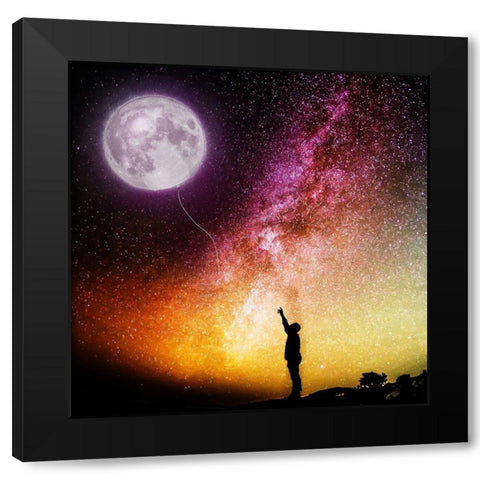 Moon Balloon Black Modern Wood Framed Art Print by Villa, Mlli