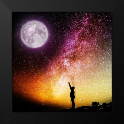 Moon Balloon Black Modern Wood Framed Art Print by Villa, Mlli