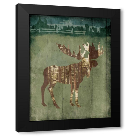 Moose In The Field Black Modern Wood Framed Art Print with Double Matting by OnRei