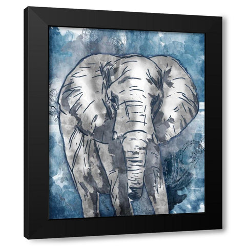 Grey Blue Elephant Black Modern Wood Framed Art Print with Double Matting by OnRei