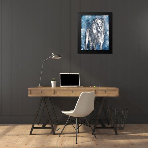 Grey Blue Lion Black Modern Wood Framed Art Print by OnRei