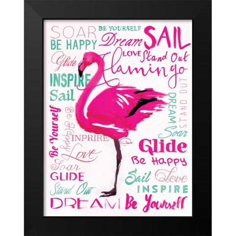 Wordy Flamingo Black Modern Wood Framed Art Print by OnRei