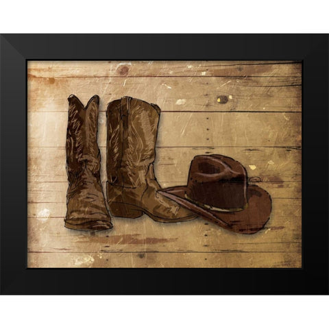 Sketched Hat And Boots Black Modern Wood Framed Art Print by OnRei