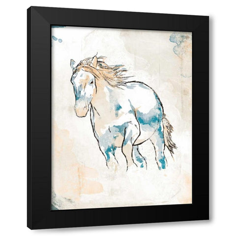 Running Horse Blue Black Modern Wood Framed Art Print with Double Matting by OnRei