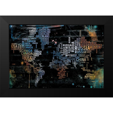 World Text Map Black Modern Wood Framed Art Print by OnRei