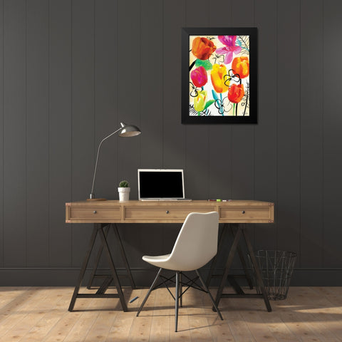 Floral Water Ink Black Modern Wood Framed Art Print by OnRei