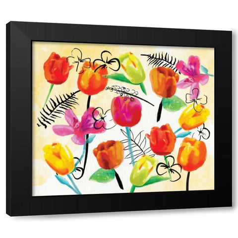 Full Floral Ink Black Modern Wood Framed Art Print with Double Matting by OnRei