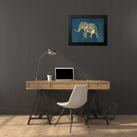 Navy Gold Elephant Black Modern Wood Framed Art Print by OnRei