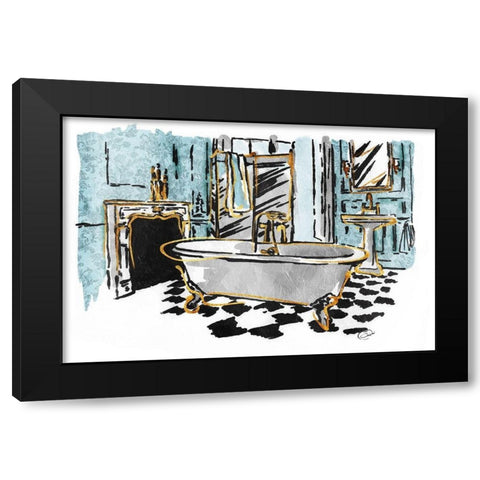 Blue Gold Sketch Bath Black Modern Wood Framed Art Print with Double Matting by OnRei