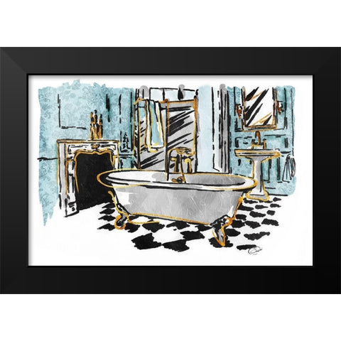 Blue Gold Sketch Bath Black Modern Wood Framed Art Print by OnRei