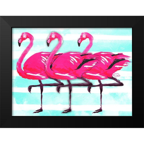 Three Flamingo Black Modern Wood Framed Art Print by OnRei