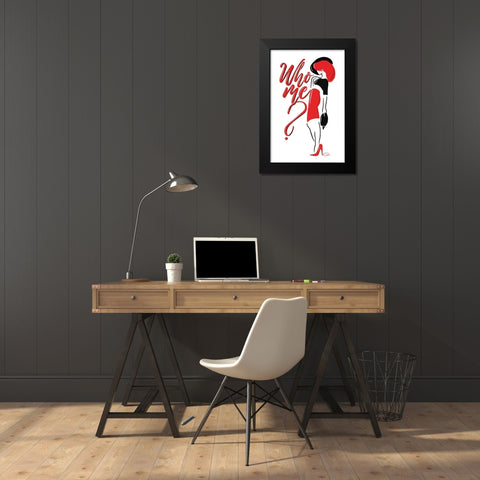 Who Me Lady In Red Black Modern Wood Framed Art Print by OnRei