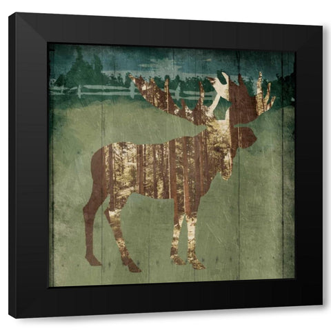 Moose In The Field Black Modern Wood Framed Art Print with Double Matting by OnRei