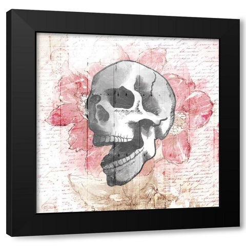 Floral Skull Black Modern Wood Framed Art Print with Double Matting by OnRei