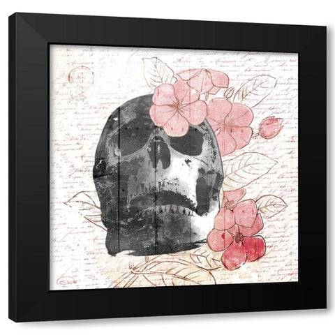 Floral Skull Mate Black Modern Wood Framed Art Print with Double Matting by OnRei