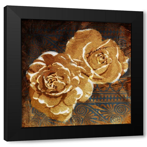 Loving Navy Gold Roses Black Modern Wood Framed Art Print with Double Matting by OnRei