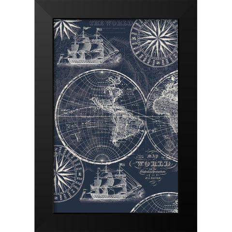 Nautical Ocean Maps Coordiate Blue Black Modern Wood Framed Art Print by Allen, Candace