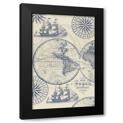 Nautical Ocean Maps Coordiate Creme Black Modern Wood Framed Art Print by Allen, Candace