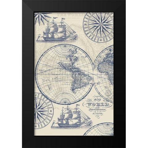 Nautical Ocean Maps Coordiate Creme Black Modern Wood Framed Art Print by Allen, Candace