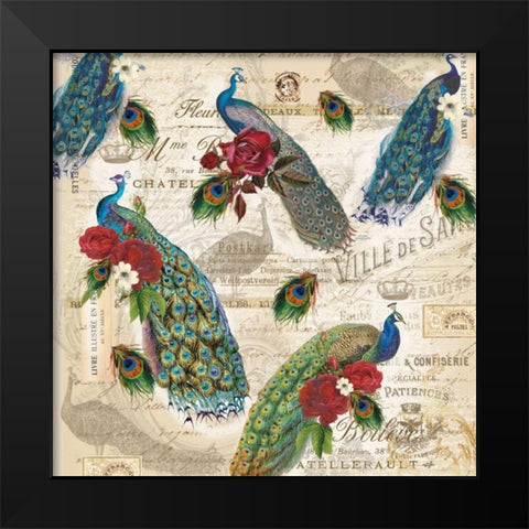Peacocks Pattern Black Modern Wood Framed Art Print by Allen, Candace