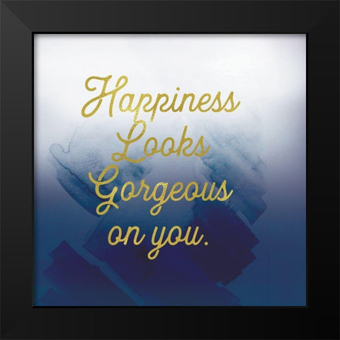 Happiness Looks Good Navy Black Modern Wood Framed Art Print by Lula Bijoux and Company