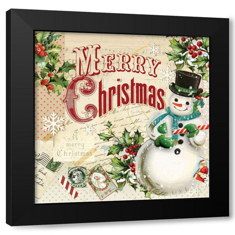 Merry Xmas Snowman Black Modern Wood Framed Art Print with Double Matting by Lula Bijoux And Company