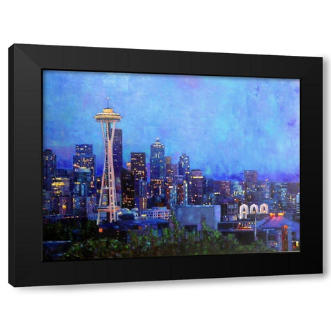 Seattle at Night Black Modern Wood Framed Art Print with Double Matting by Ghanooni, Sarah