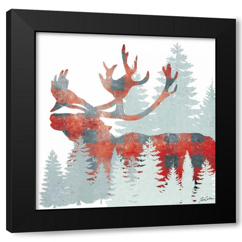 Plaid Caribou Forest Black Modern Wood Framed Art Print by Carlson, Tina