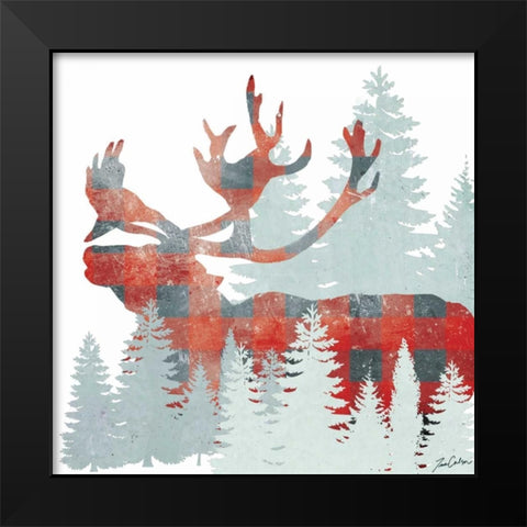 Plaid Caribou Forest Black Modern Wood Framed Art Print by Carlson, Tina
