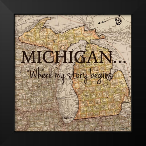 Story Michigan Black Modern Wood Framed Art Print by Carlson, Tina