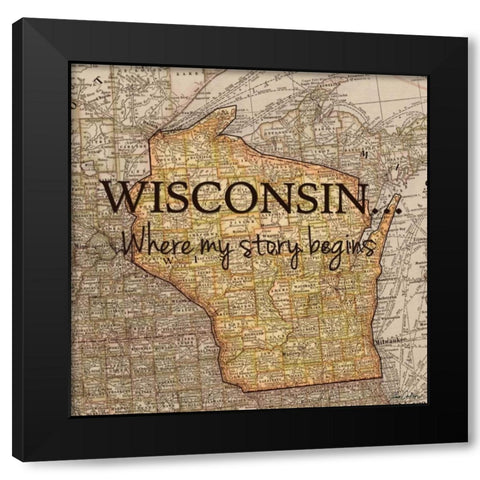 Story Wisconsin Black Modern Wood Framed Art Print by Carlson, Tina