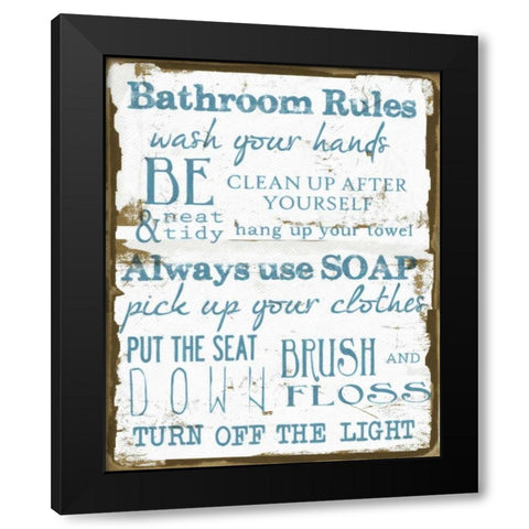 BATHROOM RULES WHITE Black Modern Wood Framed Art Print by Greene, Taylor