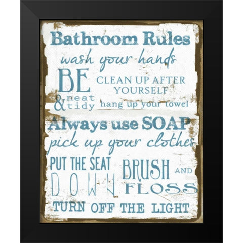 BATHROOM RULES WHITE Black Modern Wood Framed Art Print by Greene, Taylor