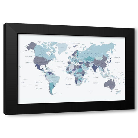 World Map Blue 1 Black Modern Wood Framed Art Print by Urban Epiphany