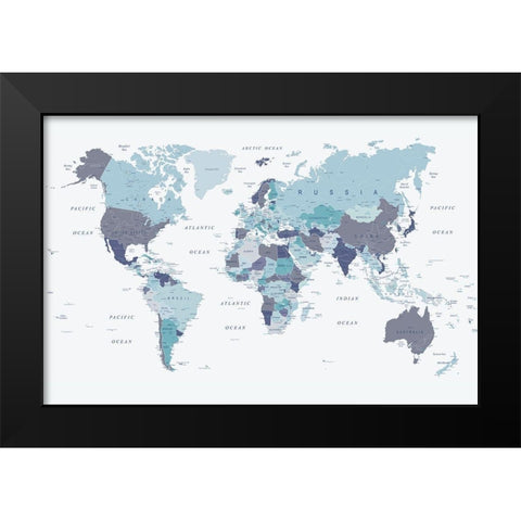 World Map Blue 1 Black Modern Wood Framed Art Print by Urban Epiphany