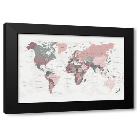 World Map Pink Green 2 Black Modern Wood Framed Art Print by Urban Epiphany
