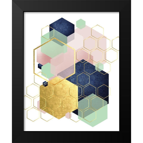 Gold Blush Navy Mint Hexagonal Black Modern Wood Framed Art Print by Urban Epiphany