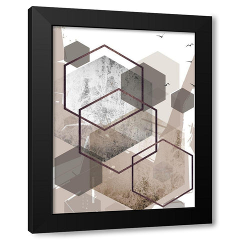 Abstract Hexagons Beige Black Modern Wood Framed Art Print with Double Matting by Urban Epiphany