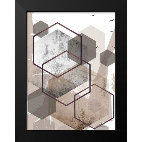 Abstract Hexagons Beige Black Modern Wood Framed Art Print by Urban Epiphany