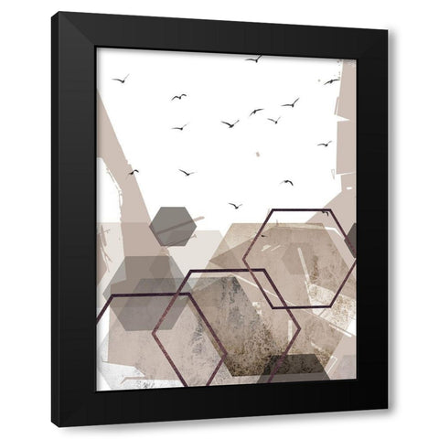 Abstract Hexagons Beige Black Modern Wood Framed Art Print by Urban Epiphany