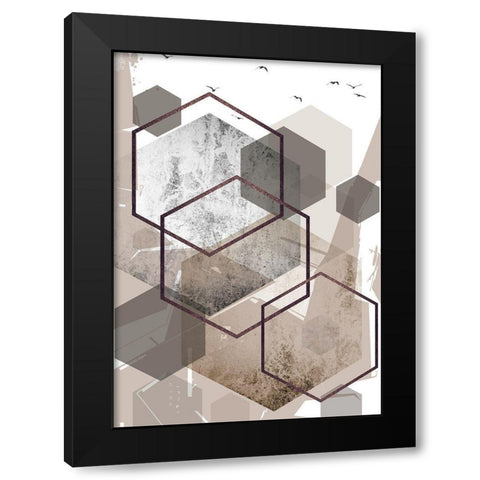 Abstract Hexagons Beige 1 Black Modern Wood Framed Art Print with Double Matting by Urban Epiphany