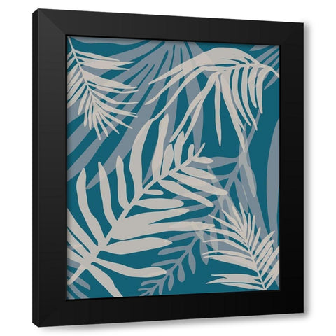 Teal and Beige Glam Leaves Black Modern Wood Framed Art Print by Urban Epiphany
