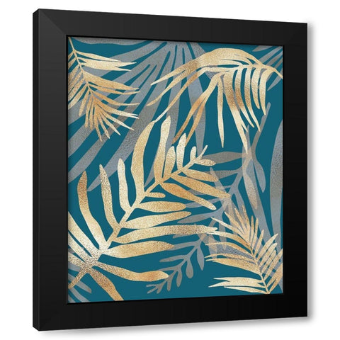 Glam Leaves Teal Black Modern Wood Framed Art Print by Urban Epiphany