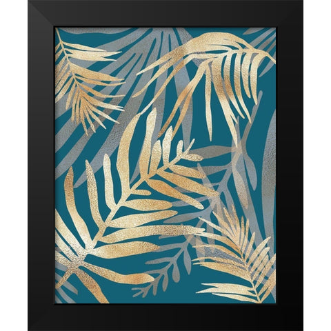 Glam Leaves Teal Black Modern Wood Framed Art Print by Urban Epiphany