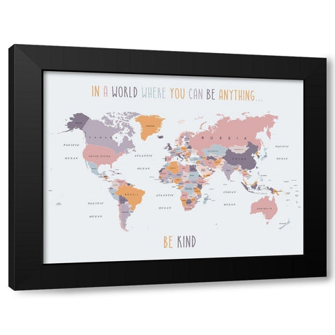 Be Kind World Map 4 Black Modern Wood Framed Art Print with Double Matting by Urban Epiphany